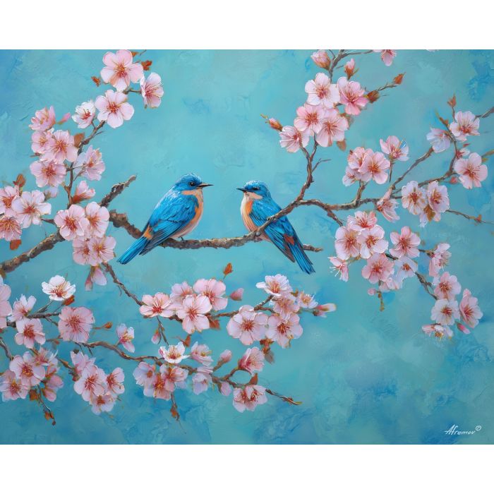 spring birds,blossom branch,oil painting