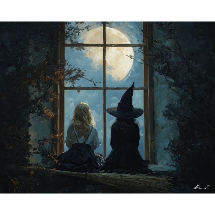 witch ghost moon,window scene,soft fantasy