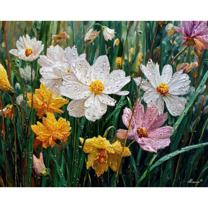 spring rain,wet flowers,soft light,oil painting