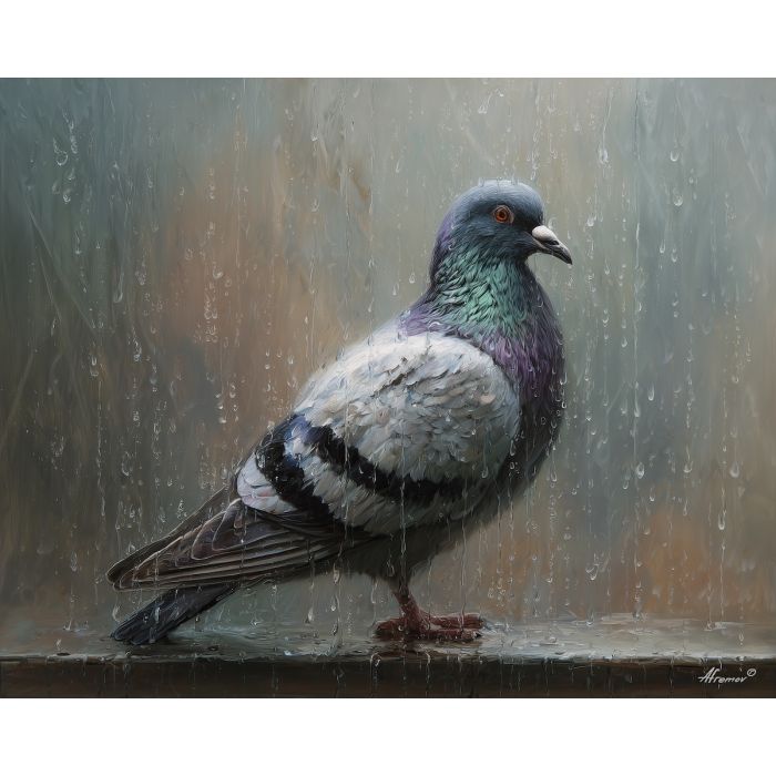 pigeon bird,rain scene,urban calm,oil painting