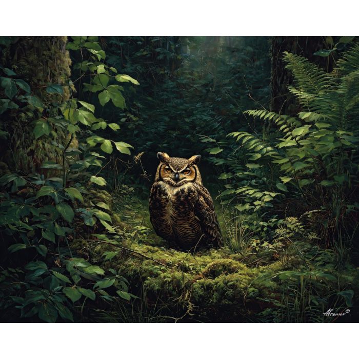 owl,forest bird,quiet rest,oil painting,woodland scene,avian portrait,soft shadows,feather texture,nature calm,realistic wildlife,subtle greens,peaceful mood