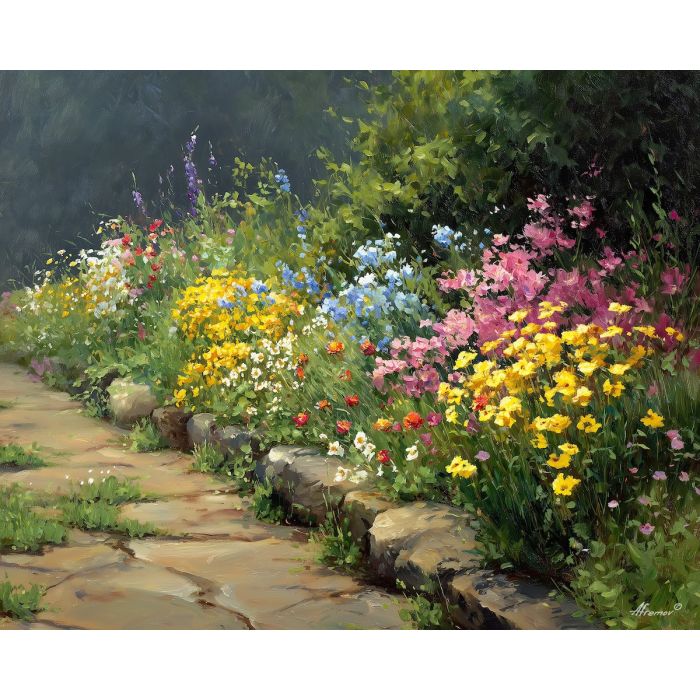 spring garden,flower border,oil painting