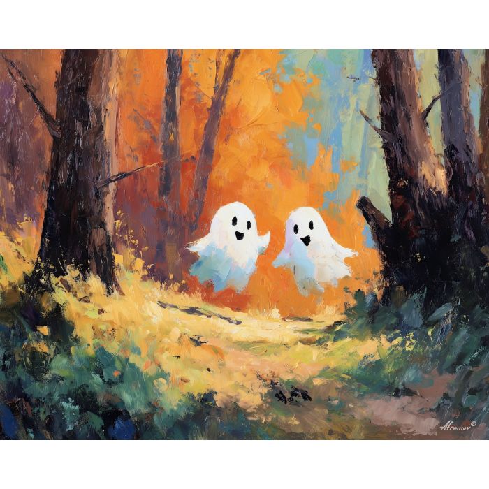friendly, park, cute ghost, happy ghost, cartoon ghost, friendly spirit, palette knife, oil painting, impasto, textured surface, playful art, childlike illustration, daylight scene, park scene, whimsical, simple shapes, soft colors