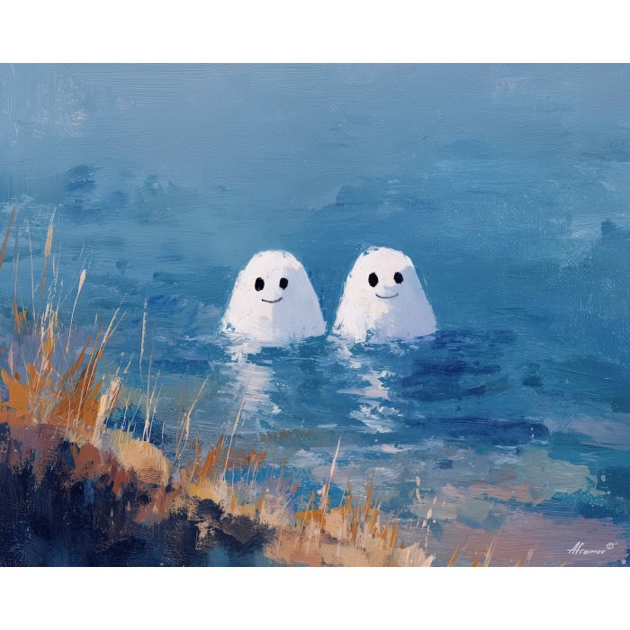 floating, ghost, cute ghost, happy ghost, cartoon ghost, friendly spirit, palette knife, oil painting, impasto, textured surface, playful art, childlike illustration, daylight scene, park scene, whimsical, simple shapes, soft colors