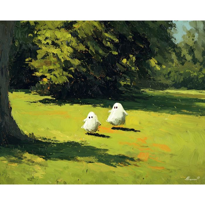 cheerful, smile, cute ghost, happy ghost, cartoon ghost, friendly spirit, palette knife, oil painting, impasto, textured surface, playful art, childlike illustration, daylight scene, park scene, whimsical, simple shapes, soft colors