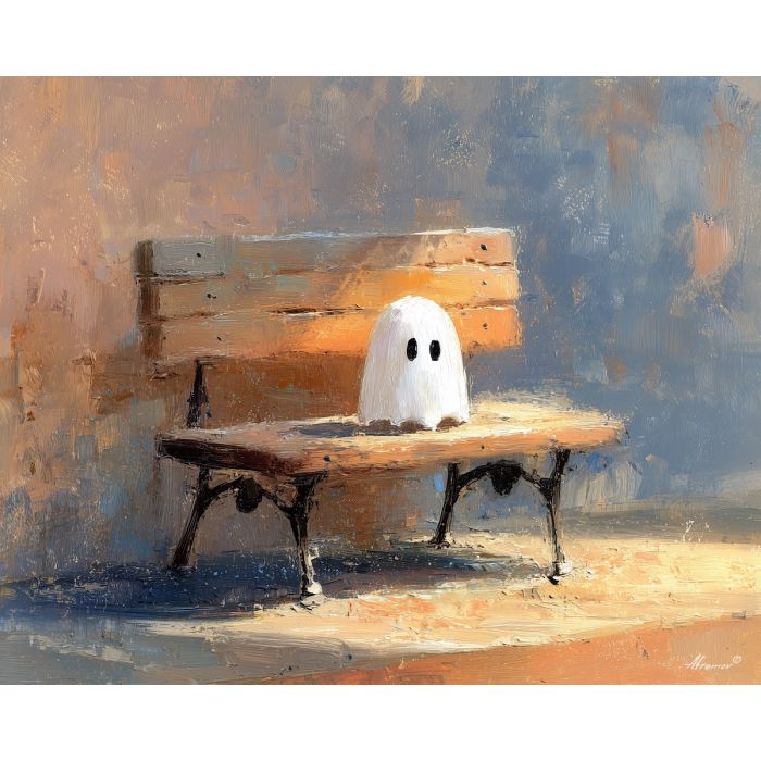 calm, float, cute ghost, happy ghost, cartoon ghost, friendly spirit, palette knife, oil painting, impasto, textured surface, playful art, childlike illustration, daylight scene, park scene, whimsical, simple shapes, soft colors