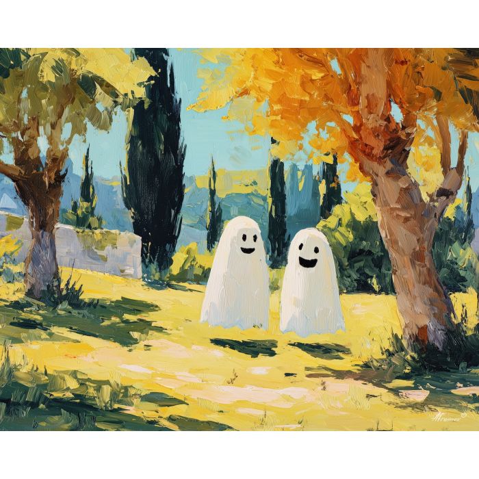 bright, hide, cute ghost, happy ghost, cartoon ghost, friendly spirit, palette knife, oil painting, impasto, textured surface, playful art, childlike illustration, daylight scene, park scene, whimsical, simple shapes, soft colors