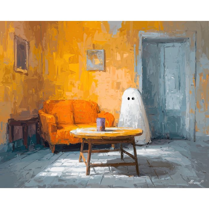 sunny, dream, cute ghost, happy ghost, cartoon ghost, friendly spirit, palette knife, oil painting, impasto, textured surface, playful art, childlike illustration, daylight scene, park scene, whimsical, simple shapes, soft colors