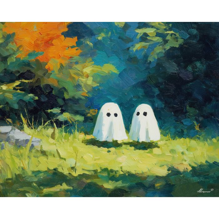 happy, rest, cute ghost, happy ghost, cartoon ghost, friendly spirit, palette knife, oil painting, impasto, textured surface, playful art, childlike illustration, daylight scene, park scene, whimsical, simple shapes, soft colors
