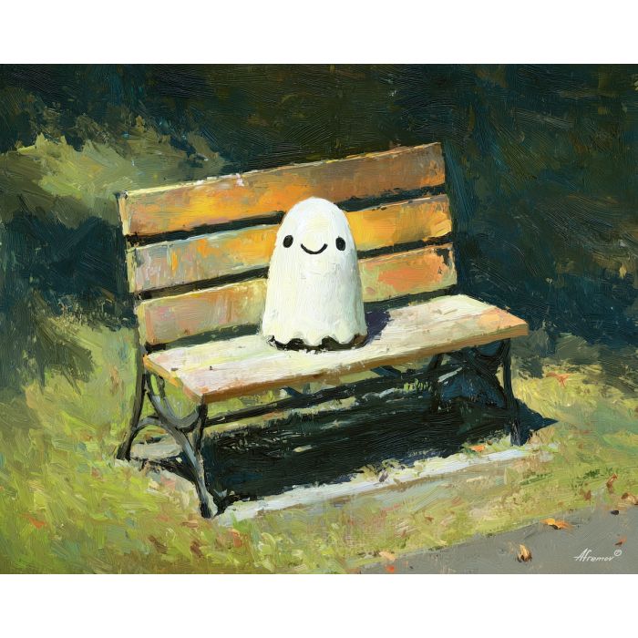 friendly, smile, cute ghost, happy ghost, cartoon ghost, friendly spirit, palette knife, oil painting, impasto, textured surface, playful art, childlike illustration, daylight scene, park scene, whimsical, simple shapes, soft colors