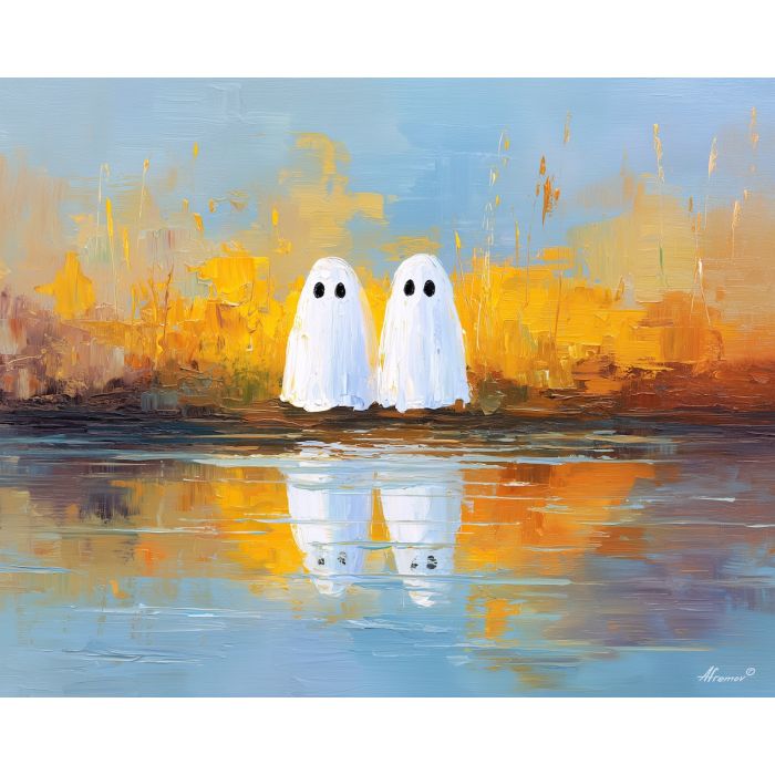 cheerful, lake, cute ghost, happy ghost, cartoon ghost, friendly spirit, palette knife, oil painting, impasto, textured surface, playful art, childlike illustration, daylight scene, park scene, whimsical, simple shapes, soft colors