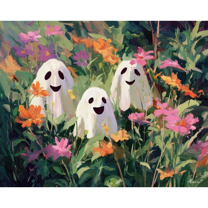 smiling, joy, cute ghost, happy ghost, cartoon ghost, friendly spirit, palette knife, oil painting, impasto, textured surface, playful art, childlike illustration, daylight scene, park scene, whimsical, simple shapes, soft colors