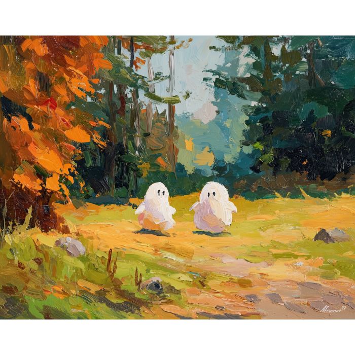 friendly, moment, cute ghost, happy ghost, cartoon ghost, friendly spirit, palette knife, oil painting, impasto, textured surface, playful art, childlike illustration, daylight scene, park scene, whimsical, simple shapes, soft colors