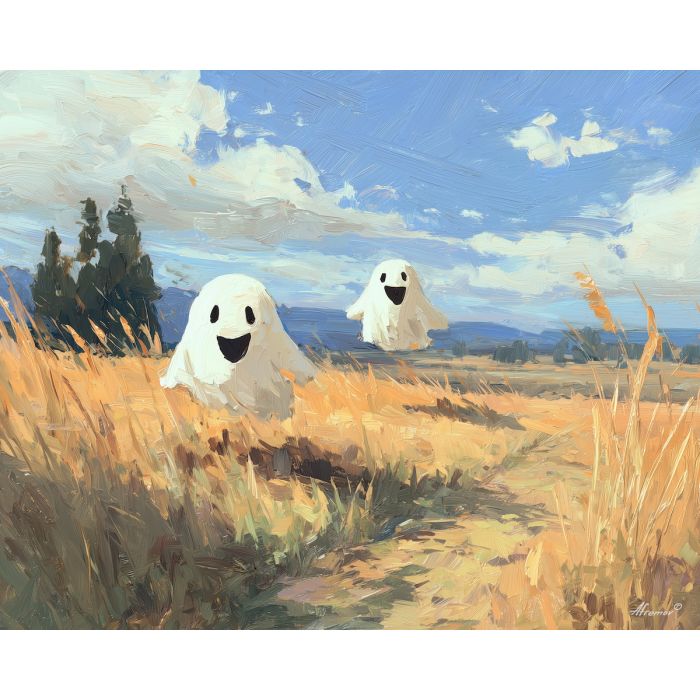 gentle, stroll, cute ghost, happy ghost, cartoon ghost, friendly spirit, palette knife, oil painting, impasto, textured surface, playful art, childlike illustration, daylight scene, park scene, whimsical, simple shapes, soft colors