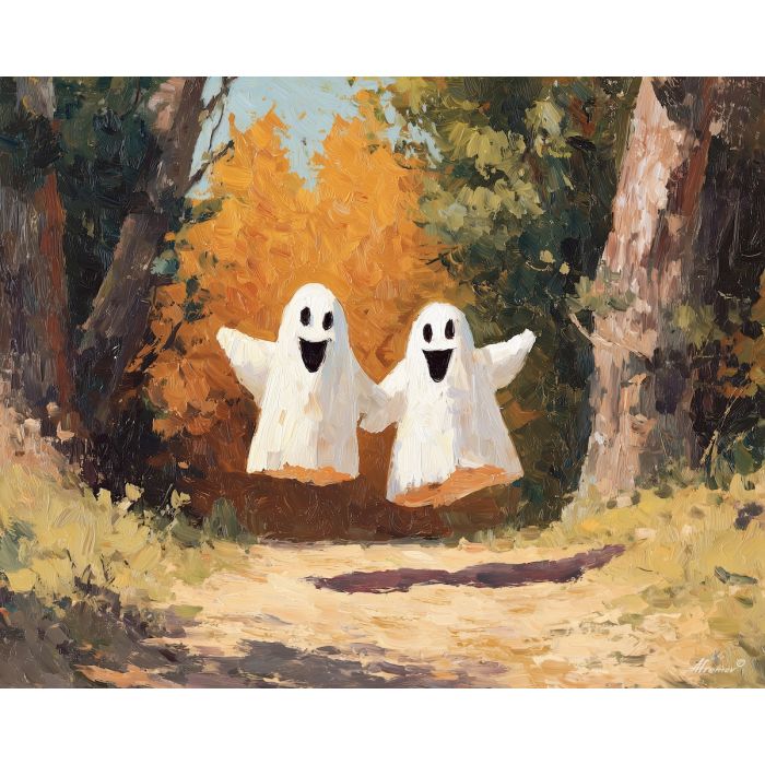 light, joy, cute ghost, happy ghost, cartoon ghost, friendly spirit, palette knife, oil painting, impasto, textured surface, playful art, childlike illustration, daylight scene, park scene, whimsical, simple shapes, soft colors
