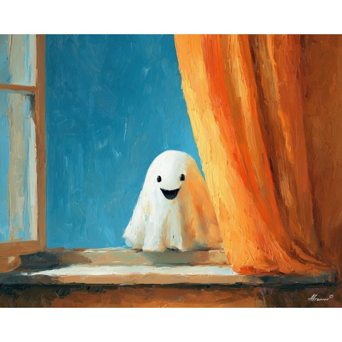 cheerful, room, cute ghost, happy ghost, cartoon ghost, friendly spirit, palette knife, oil painting, impasto, textured surface, playful art, childlike illustration, daylight scene, park scene, whimsical, simple shapes, soft colors