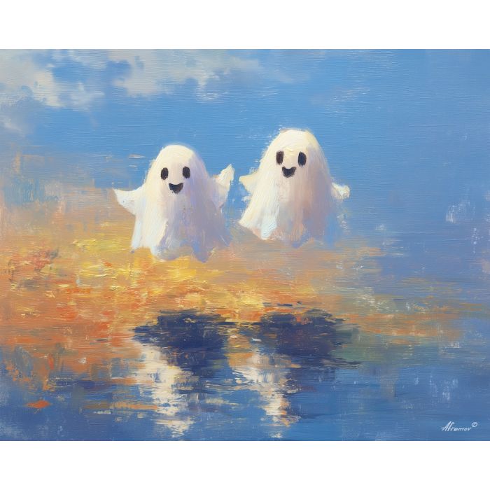 sunny, room, cute ghost, happy ghost, cartoon ghost, friendly spirit, palette knife, oil painting, impasto, textured surface, playful art, childlike illustration, daylight scene, park scene, whimsical, simple shapes, soft colors