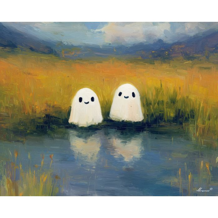smiling, hide, cute ghost, happy ghost, cartoon ghost, friendly spirit, palette knife, oil painting, impasto, textured surface, playful art, childlike illustration, daylight scene, park scene, whimsical, simple shapes, soft colors