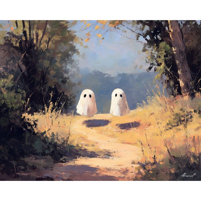 light, park, cute ghost, happy ghost, cartoon ghost, friendly spirit, palette knife, oil painting, impasto, textured surface, playful art, childlike illustration, daylight scene, park scene, whimsical, simple shapes, soft colors