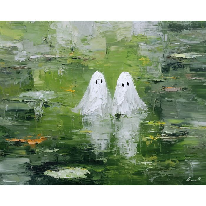 playful, meadow, cute ghost, happy ghost, cartoon ghost, friendly spirit, palette knife, oil painting, impasto, textured surface, playful art, childlike illustration, daylight scene, park scene, whimsical, simple shapes, soft colors