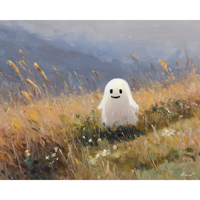 gentle, joy, cute ghost, happy ghost, cartoon ghost, friendly spirit, palette knife, oil painting, impasto, textured surface, playful art, childlike illustration, daylight scene, park scene, whimsical, simple shapes, soft colors