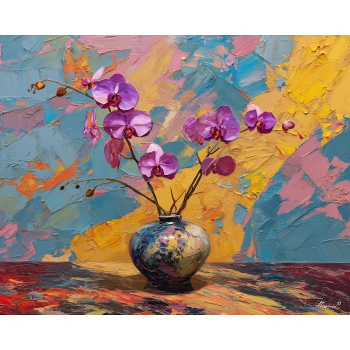 warm, composition, orchids, flowers on table, still life, floral art, palette knife, oil painting, impasto, textured surface, colorful flowers, vase, tabletop, bright colors, modern still life, painterly style, decorative art