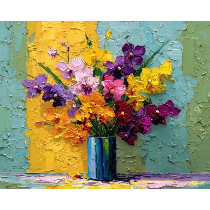 happy, arrangement, orchids, flowers on table, still life, floral art, palette knife, oil painting, impasto, textured surface, colorful flowers, vase, tabletop, bright colors, modern still life, painterly style, decorative art