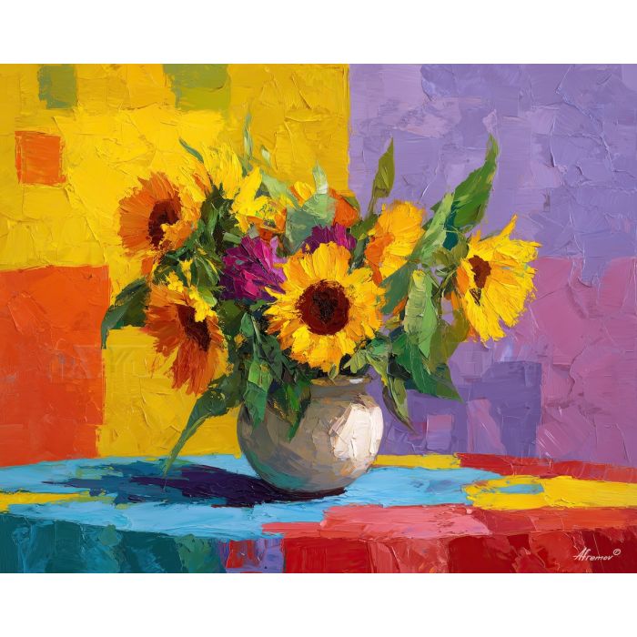 joyful, display, sunflowers, flowers on table, still life, floral art, palette knife, oil painting, impasto, textured surface, colorful flowers, vase, tabletop, bright colors, modern still life, painterly style, decorative art