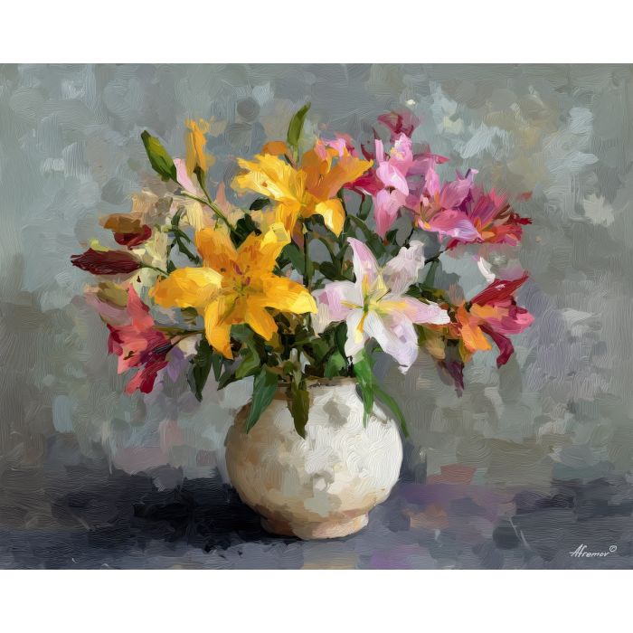 fresh, table, lilies, flowers on table, still life, floral art, palette knife, oil painting, impasto, textured surface, colorful flowers, vase, tabletop, bright colors, modern still life, painterly style, decorative art