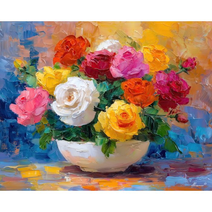 joyful, setting, roses, flowers on table, still life, floral art, palette knife, oil painting, impasto, textured surface, colorful flowers, vase, tabletop, bright colors, modern still life, painterly style, decorative art
