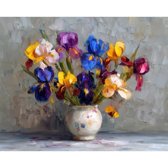 light, surface, irises, flowers on table, still life, floral art, palette knife, oil painting, impasto, textured surface, colorful flowers, vase, tabletop, bright colors, modern still life, painterly style, decorative art