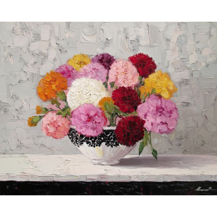joyful, table, carnations, flowers on table, still life, floral art, palette knife, oil painting, impasto, textured surface, colorful flowers, vase, tabletop, bright colors, modern still life, painterly style, decorative art