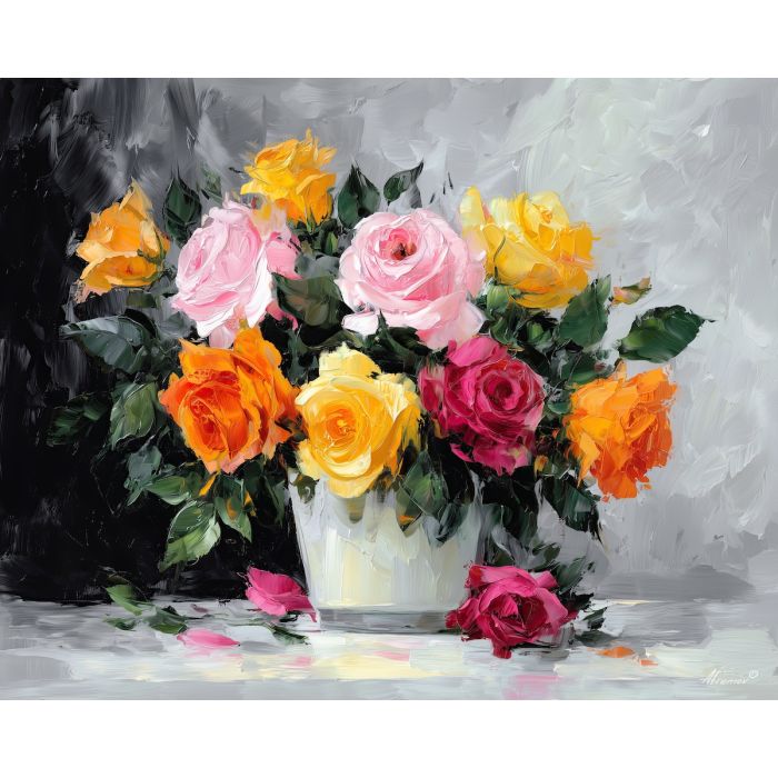 bright, arrangement, roses, flowers on table, still life, floral art, palette knife, oil painting, impasto, textured surface, colorful flowers, vase, tabletop, bright colors, modern still life, painterly style, decorative art