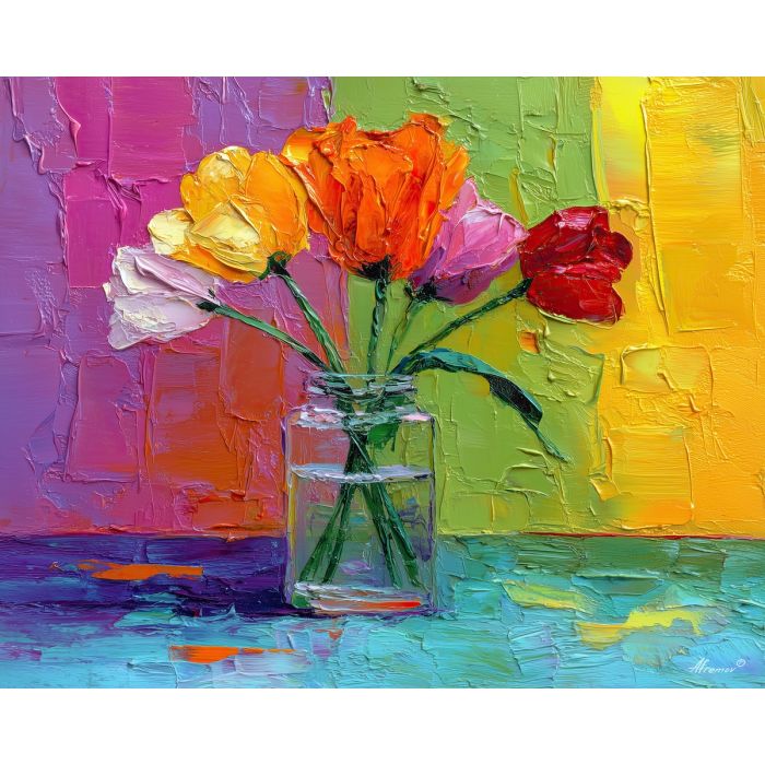 soft, flowers, tulips, flowers on table, still life, floral art, palette knife, oil painting, impasto, textured surface, colorful flowers, vase, tabletop, bright colors, modern still life, painterly style, decorative art