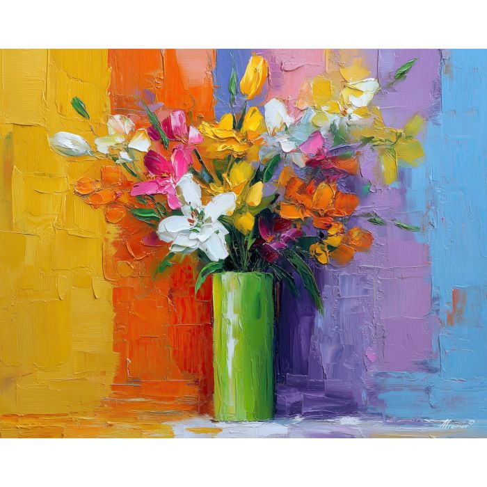 gentle, bouquet, lilies, flowers on table, still life, floral art, palette knife, oil painting, impasto, textured surface, colorful flowers, vase, tabletop, bright colors, modern still life, painterly style, decorative art