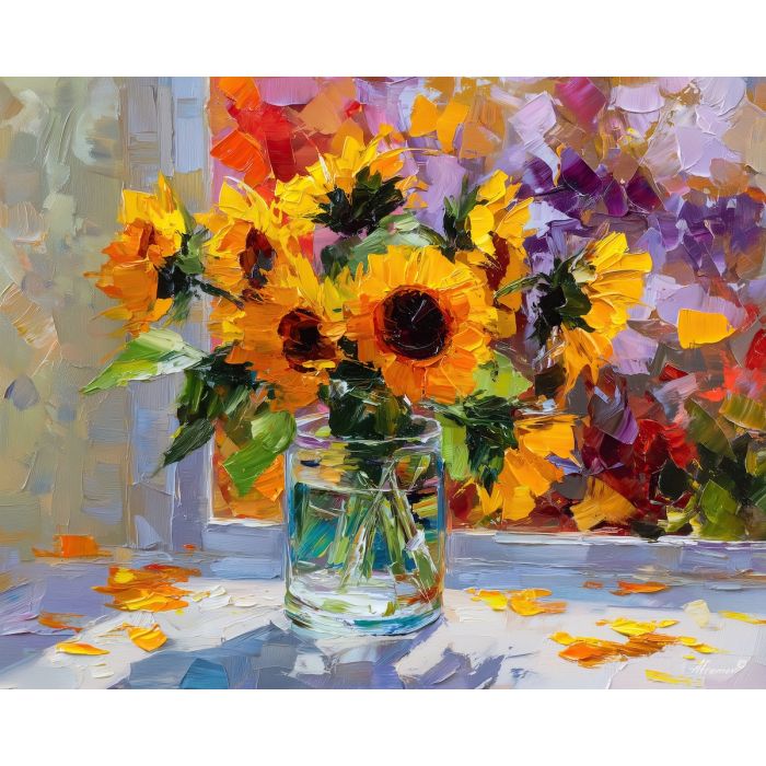 playful, surface, sunflowers, flowers on table, still life, floral art, palette knife, oil painting, impasto, textured surface, colorful flowers, vase, tabletop, bright colors, modern still life, painterly style, decorative art