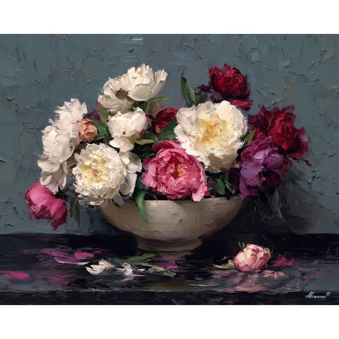 warm, setting, peonies, flowers on table, still life, floral art, palette knife, oil painting, impasto, textured surface, colorful flowers, vase, tabletop, bright colors, modern still life, painterly style, decorative art