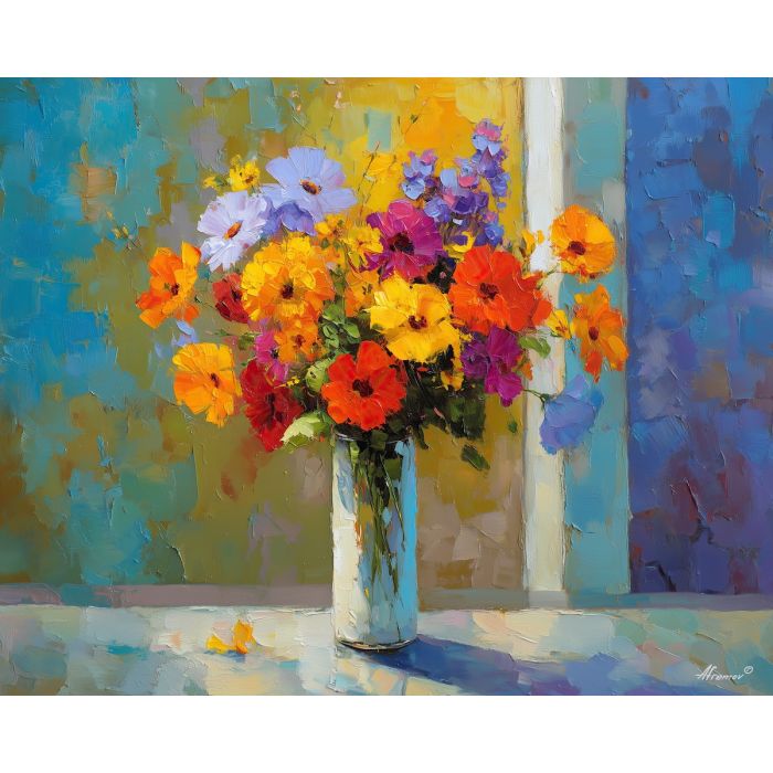 soft, vase, wildflowers, flowers on table, still life, floral art, palette knife, oil painting, impasto, textured surface, colorful flowers, tabletop, bright colors, modern still life, painterly style, decorative art