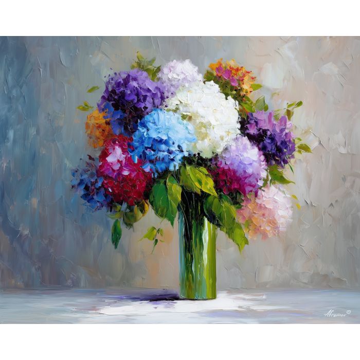 light, still, life, hydrangeas, flowers on table, still life, floral art, palette knife, oil painting, impasto, textured surface, colorful flowers, vase, tabletop, bright colors, modern still life, painterly style, decorative art