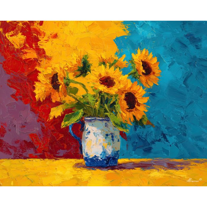 gentle, moment, sunflowers, flowers on table, still life, floral art, palette knife, oil painting, impasto, textured surface, colorful flowers, vase, tabletop, bright colors, modern still life, painterly style, decorative art