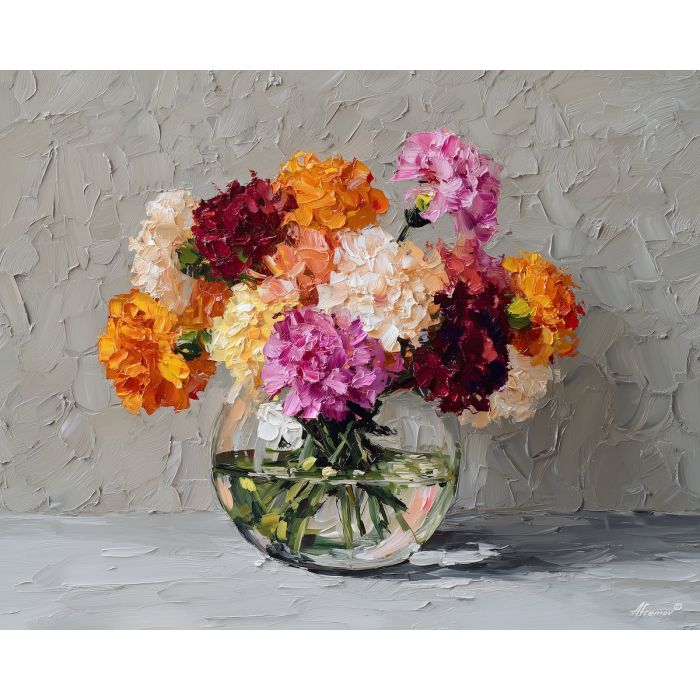 blooming, colors, carnations, flowers on table, still life, floral art, palette knife, oil painting, impasto, textured surface, colorful flowers, vase, tabletop, bright colors, modern still life, painterly style, decorative art