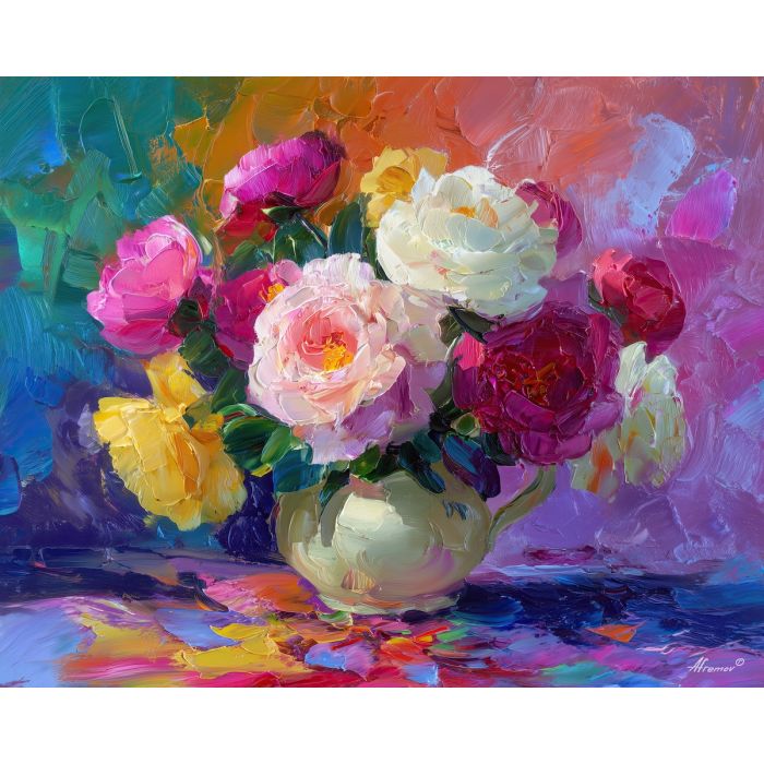 painted, still, life, peonies, flowers on table, still life, floral art, palette knife, oil painting, impasto, textured surface, colorful flowers, vase, tabletop, bright colors, modern still life, painterly style, decorative art