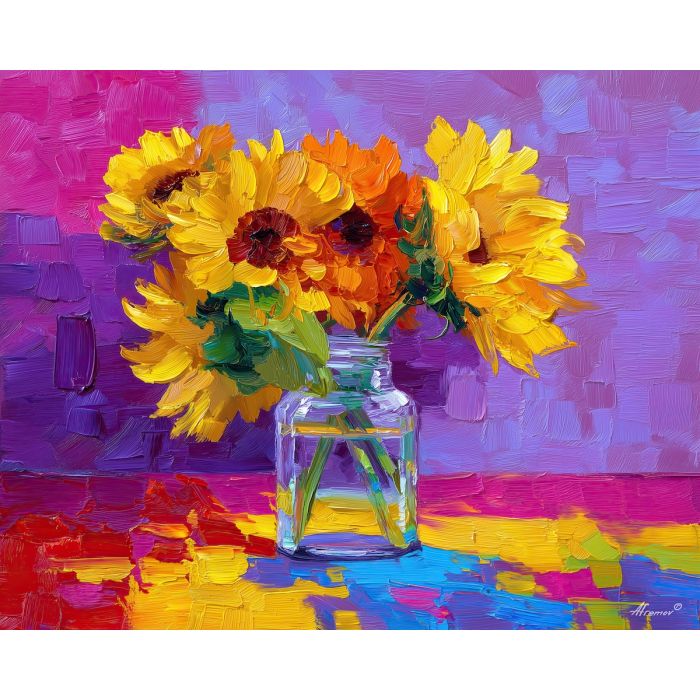 radiant, blooms, sunflowers, flowers on table, still life, floral art, palette knife, oil painting, impasto, textured surface, colorful flowers, vase, tabletop, bright colors, modern still life, painterly style, decorative art