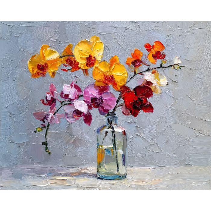 blooming, setting, orchids, flowers on table, still life, floral art, palette knife, oil painting, impasto, textured surface, colorful flowers, vase, tabletop, bright colors, modern still life, painterly style, decorative art