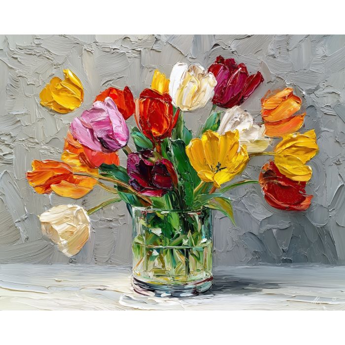 playful, petals, tulips, flowers on table, still life, floral art, palette knife, oil painting, impasto, textured surface, colorful flowers, vase, tabletop, bright colors, modern still life, painterly style, decorative art