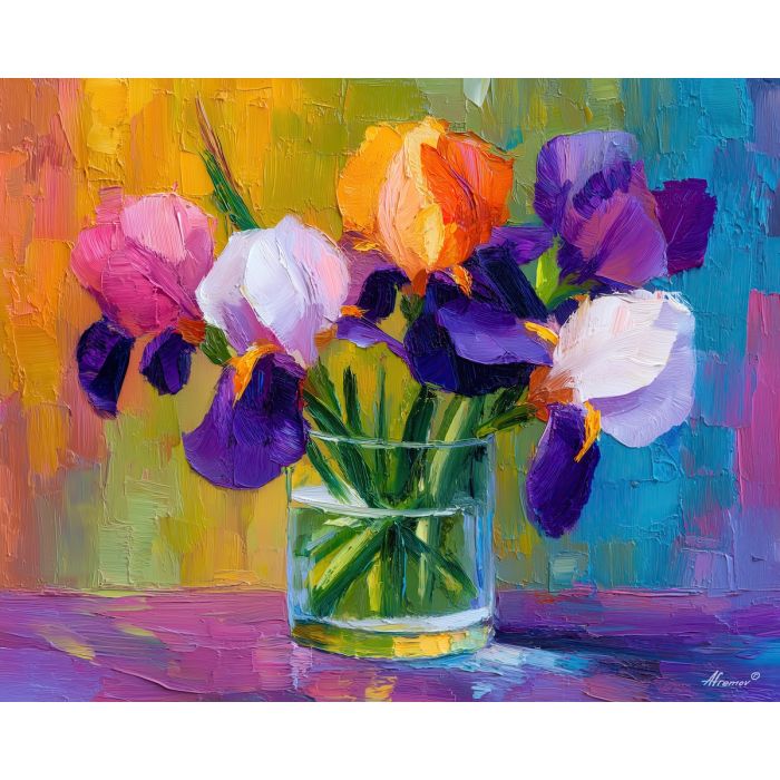soft, display, irises, flowers on table, still life, floral art, palette knife, oil painting, impasto, textured surface, colorful flowers, vase, tabletop, bright colors, modern still life, painterly style, decorative art