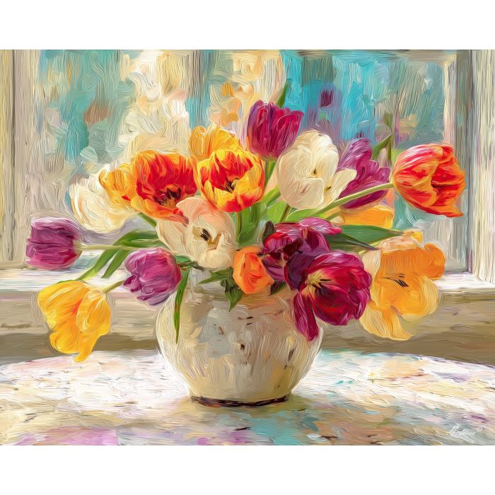 radiant, colors, tulips, flowers on table, still life, floral art, palette knife, oil painting, impasto, textured surface, colorful flowers, vase, tabletop, bright colors, modern still life, painterly style, decorative art
