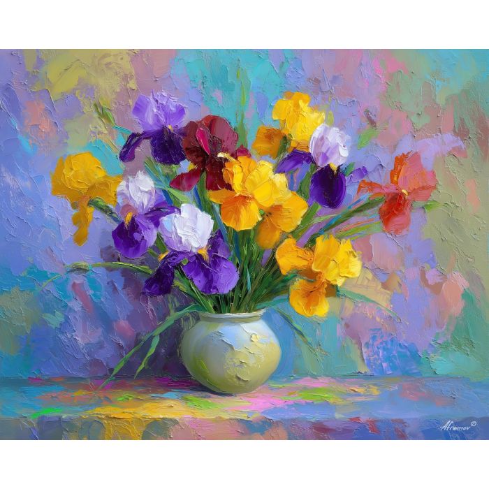gentle, display, irises, flowers on table, still life, floral art, palette knife, oil painting, impasto, textured surface, colorful flowers, vase, tabletop, bright colors, modern still life, painterly style, decorative art