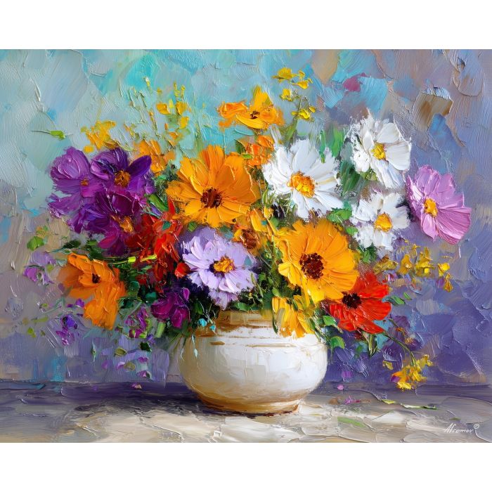 fresh, bouquet, wildflowers, flowers on table, still life, floral art, palette knife, oil painting, impasto, textured surface, colorful flowers, vase, tabletop, bright colors, modern still life, painterly style, decorative art
