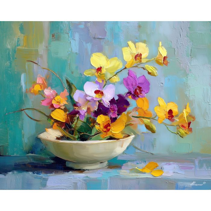 vivid, arrangement, orchids, flowers on table, still life, floral art, palette knife, oil painting, impasto, textured surface, colorful flowers, vase, tabletop, bright colors, modern still life, painterly style, decorative art